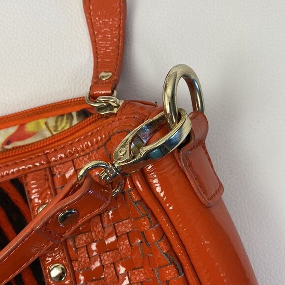 Vintage Sharif 1827 Orange Patent Leather Woven Braided Cowhide Zebra Print Shou - Picture 10 of 11